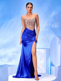 Royal Blue Satin Corset Gown with Crystal Embellished Bodice & High Slit