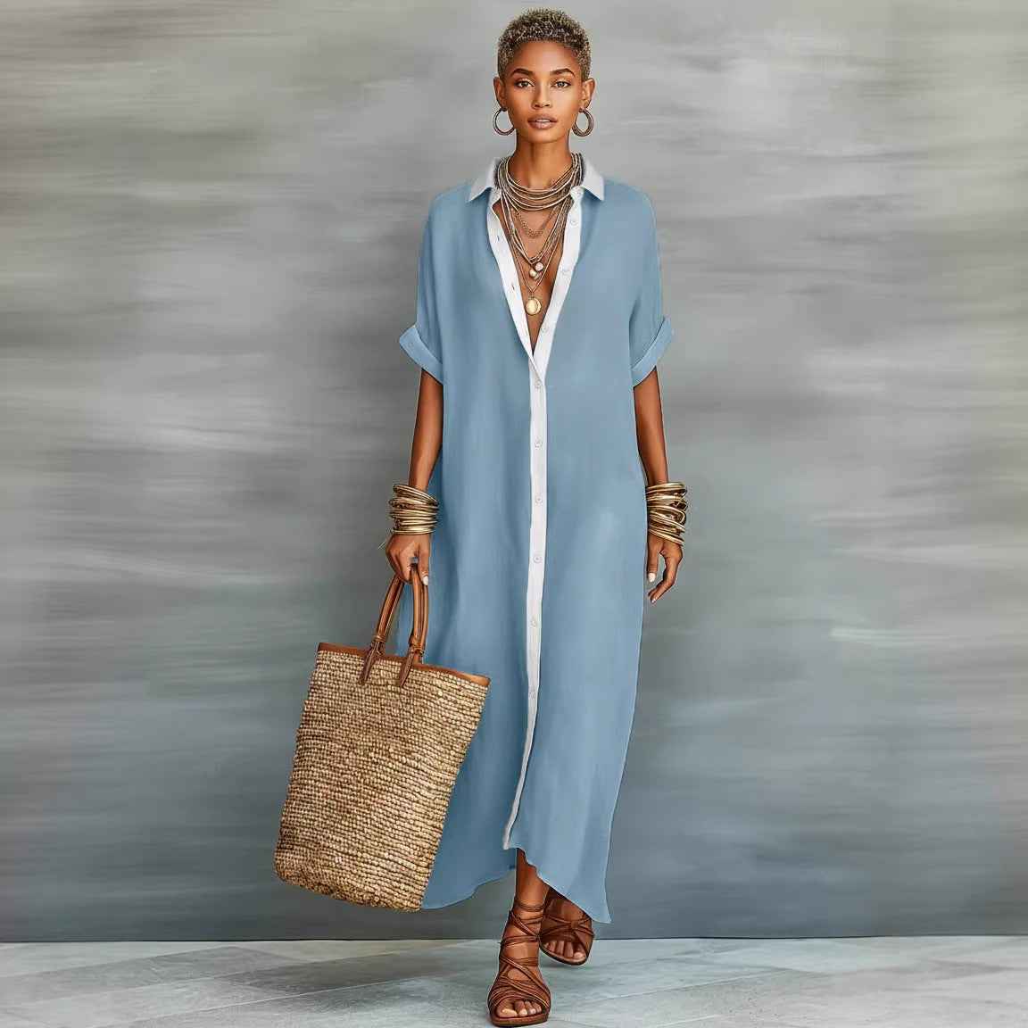 Women's Summer Maxi Shirt Dress – Lapel Collar Button-Up Casual Dress