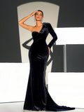 One-Shoulder Long Sleeve Sweatheart neck Velvet Mermaid Maxi Dress - Black