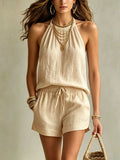 Women's Sleeveless Halter Shorts Set – Lace-Up Backless Summer Fashion Outfit