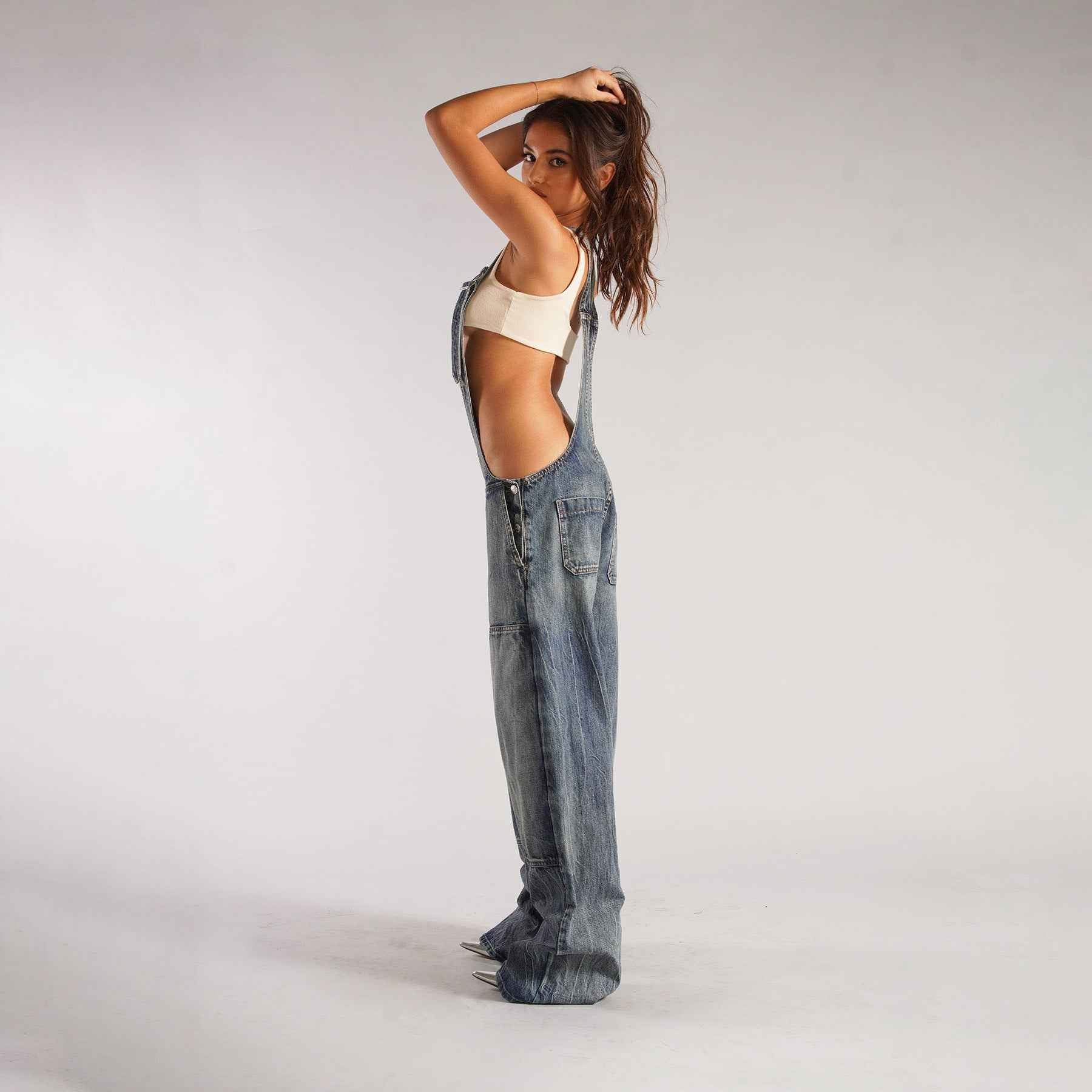 Women's Loose Fit Denim Jumpsuit – Y2K Wide Leg Suspender Overalls