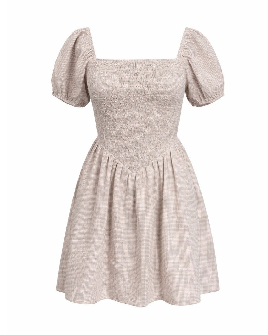 Ramona - Smocked Puff Sleeve Square Neck Dress Tan Gingham