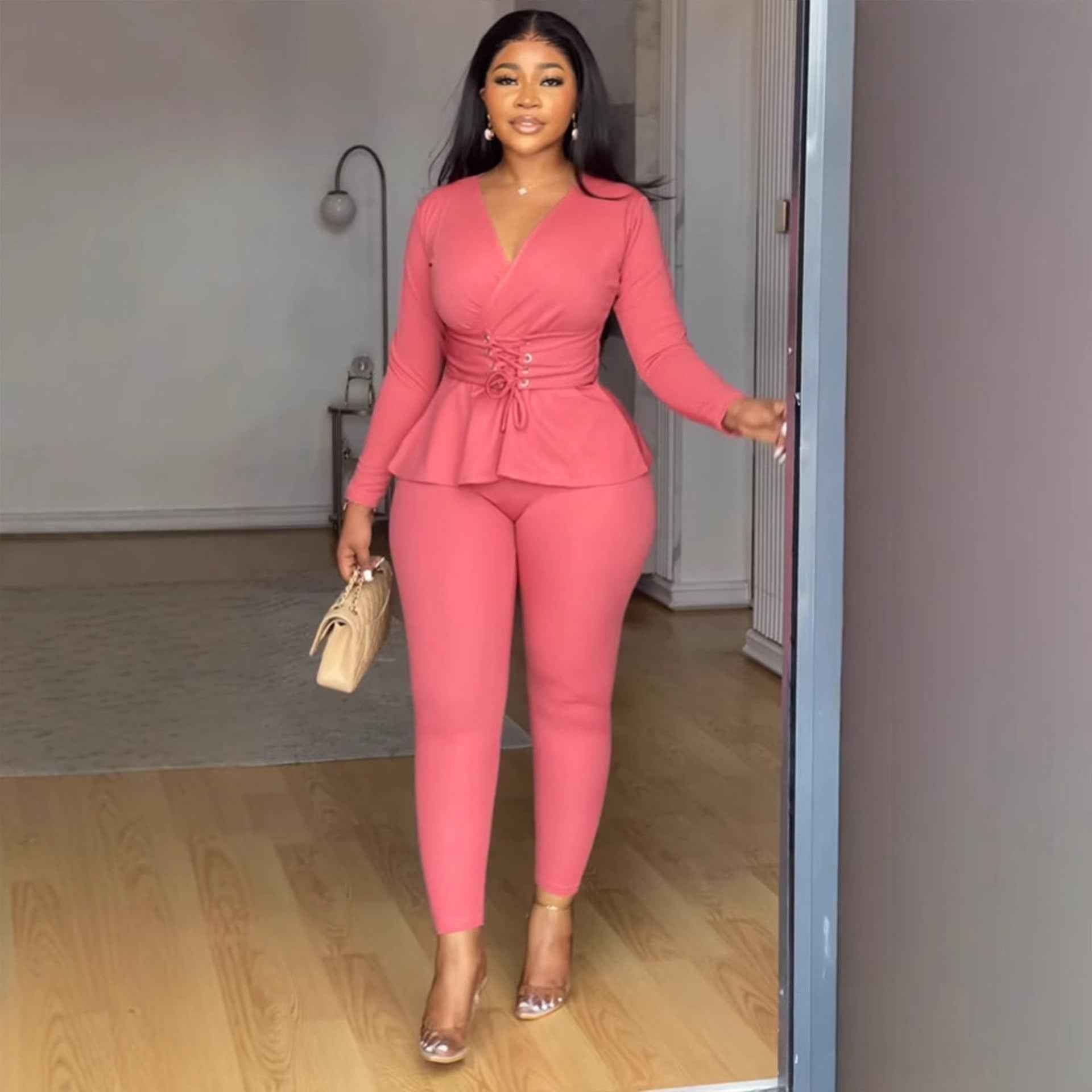 Women's V-Neck Two Piece Set – Long Sleeve Top and Pants Elegant Workwear Outfit