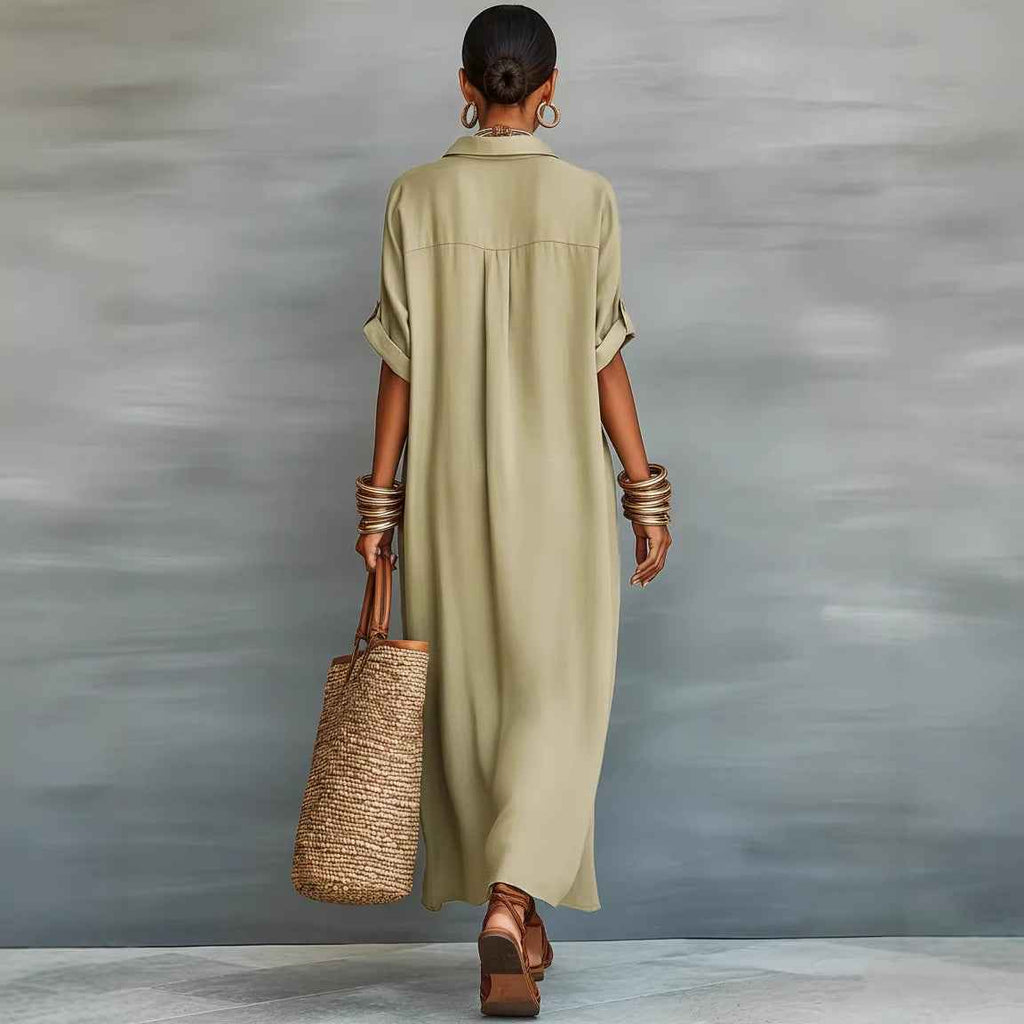 Women's Summer Maxi Shirt Dress – Lapel Collar Button-Up Casual Dress